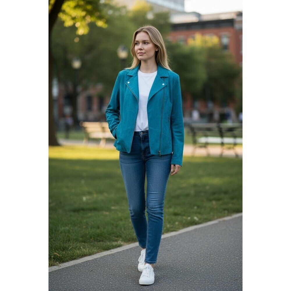 Bernardo Women’s Genuine Suede Jacket Large Teal Blue Full Zip